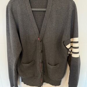 Thom Browne Gray Cardigan with White Stripes